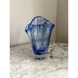 Jane Seymour Polish Hand blown Glass Vase Handkerchief Blue Signed